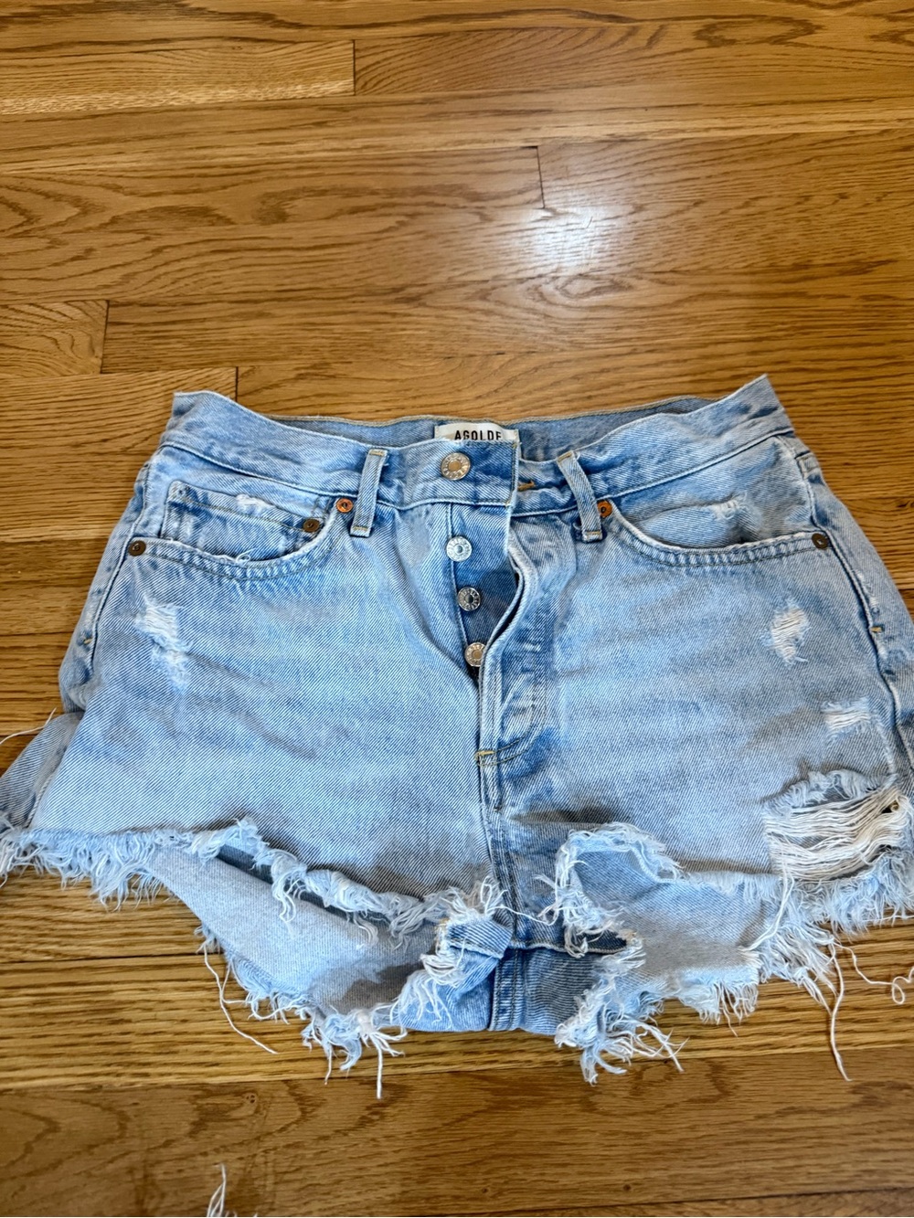 Agolde Light Blue High-Rise Distressed Denim Shorts
